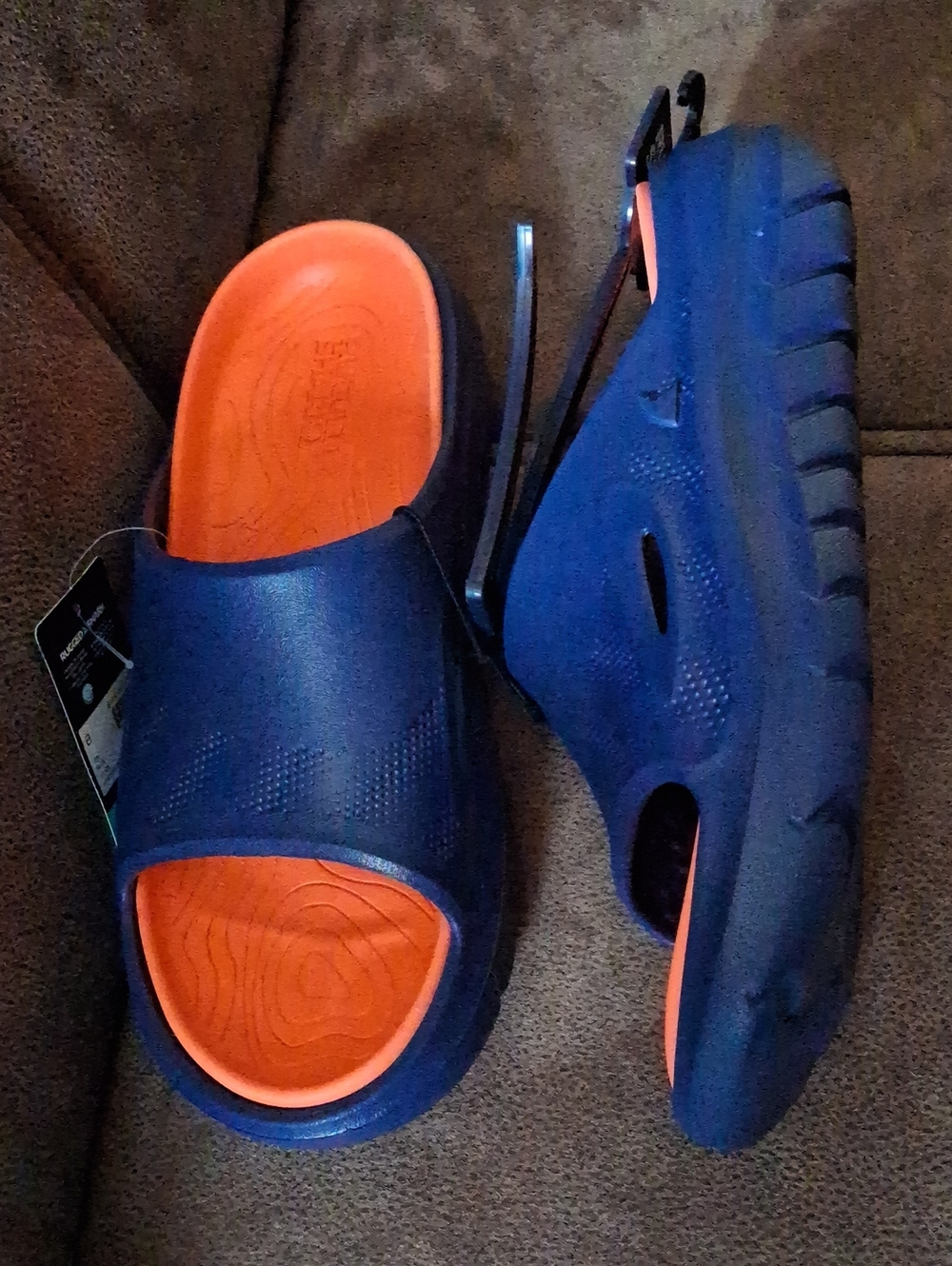 Rugged Shark Men's Navy and Orange Slide Sandals Size 8